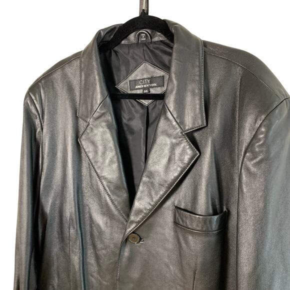 Jones New York City Mens 44L Black Leather Blazer Jacket 3-Button Classic Pocket - Picture 3 of 7
